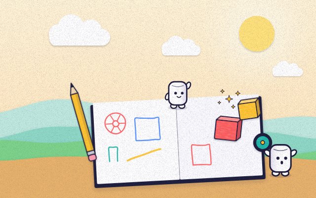 Concept art for ScribbleBuild: a sketchbook with sketches turning into real objects
