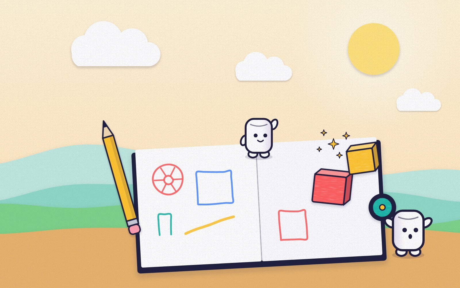 Concept art for ScribbleBuild, not a screenshot of the game: an open sketchbook full of game sketches, with a few of the sketches climbing off the page as real objects.