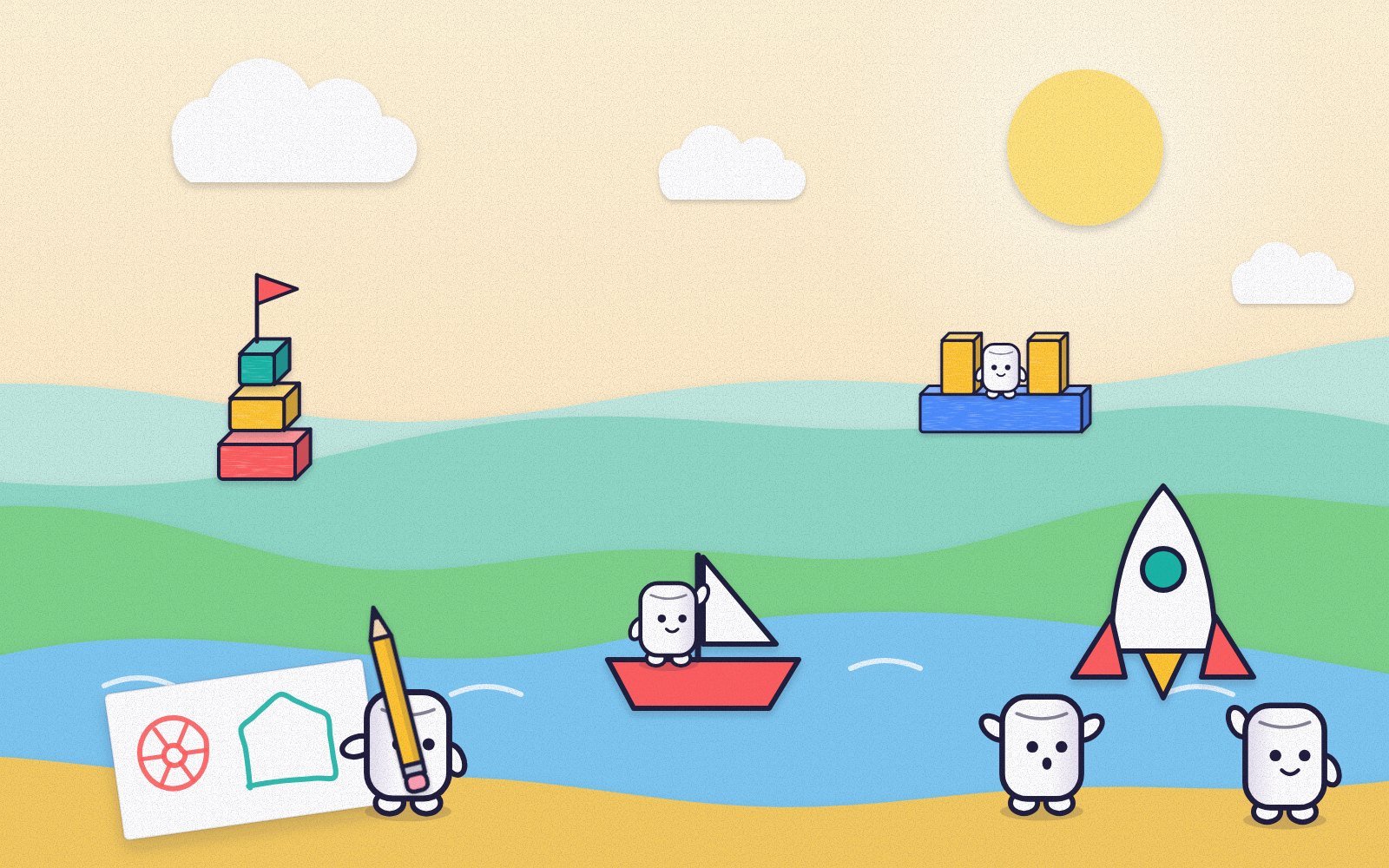 Concept art for ScribbleBuild, not a screenshot of the game: an open world dotted with things different players have built.