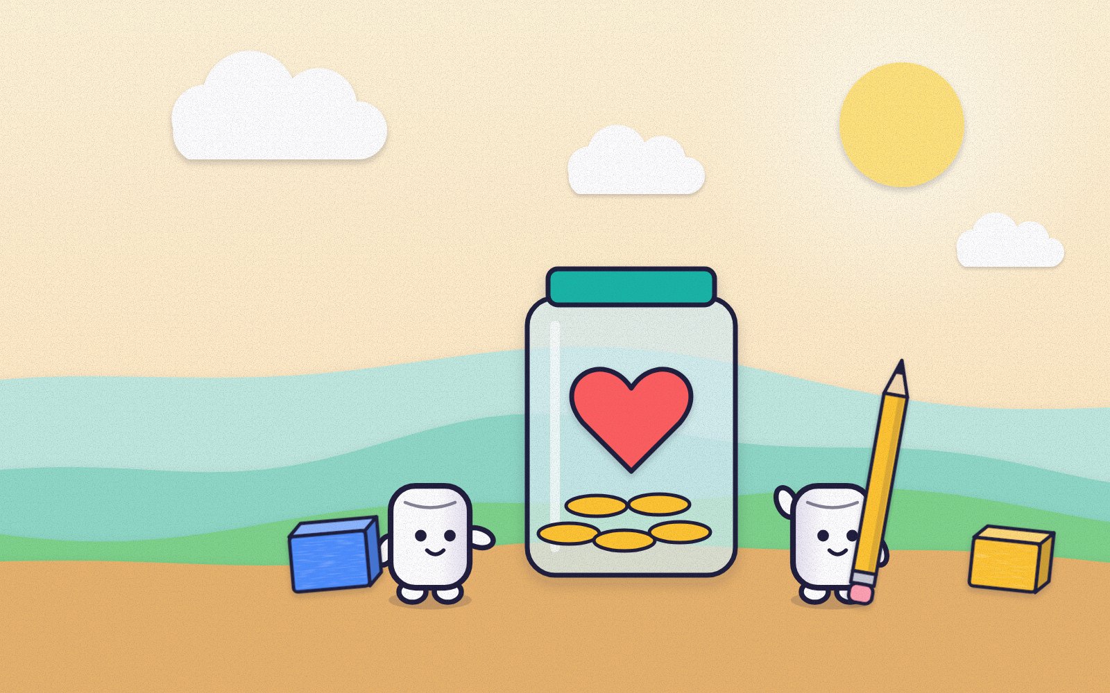 Concept art for ScribbleBuild, not a screenshot of the game: two players beside a jar with a paper heart and a few coins in it.